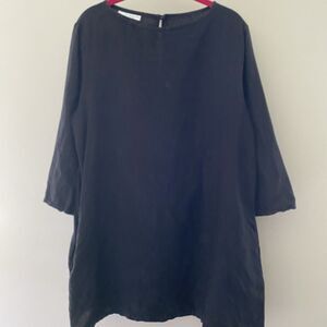 Bryn Walker Black Linen Tunic Blouse 3/4 Sleeve Button Pockets Lagenlook Sz S